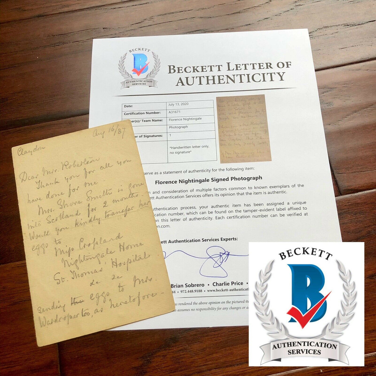 FLORENCE NIGHTINGALE * BAS Beckett * Signed Handwritten Letter Autograph * Nurse