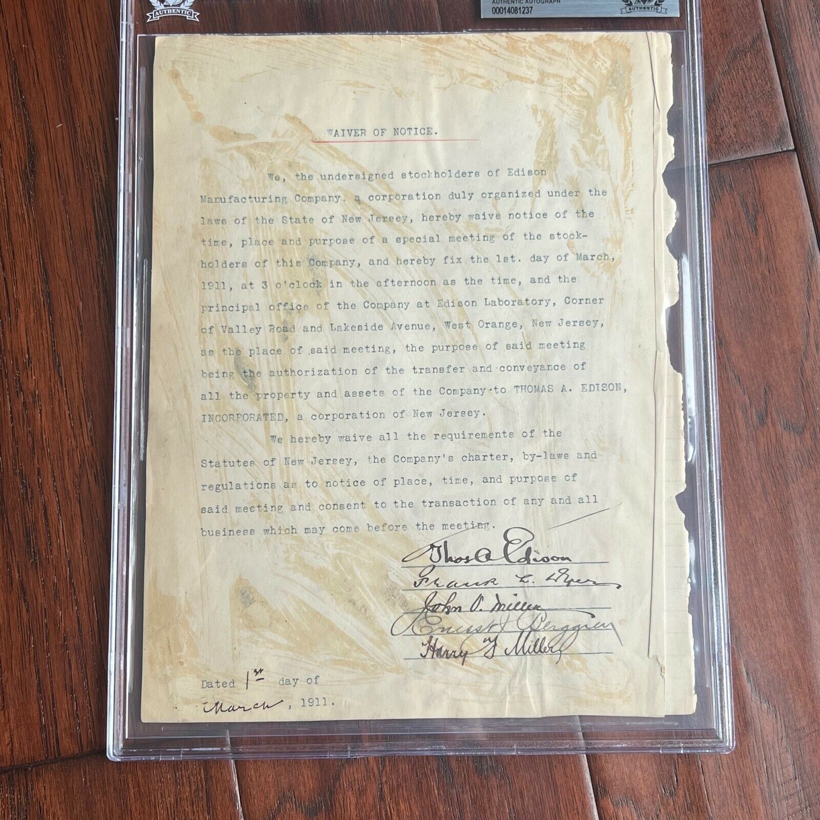 THOMAS EDISON * BECKETT BAS* AUTOGRAPH Company Transfer Corporate Minutes SIGNED