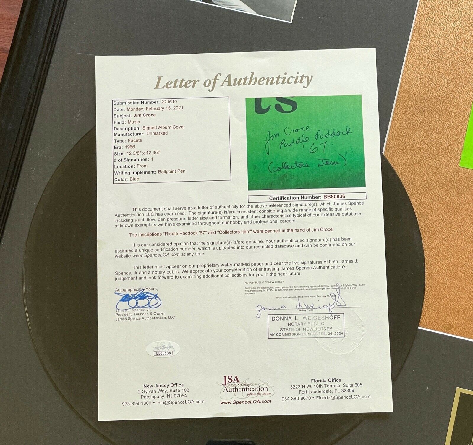 JIM CROCE * JSA * Scarce AUTOGRAPH Debut Album "Facets" Signed * 1 of 500 copies