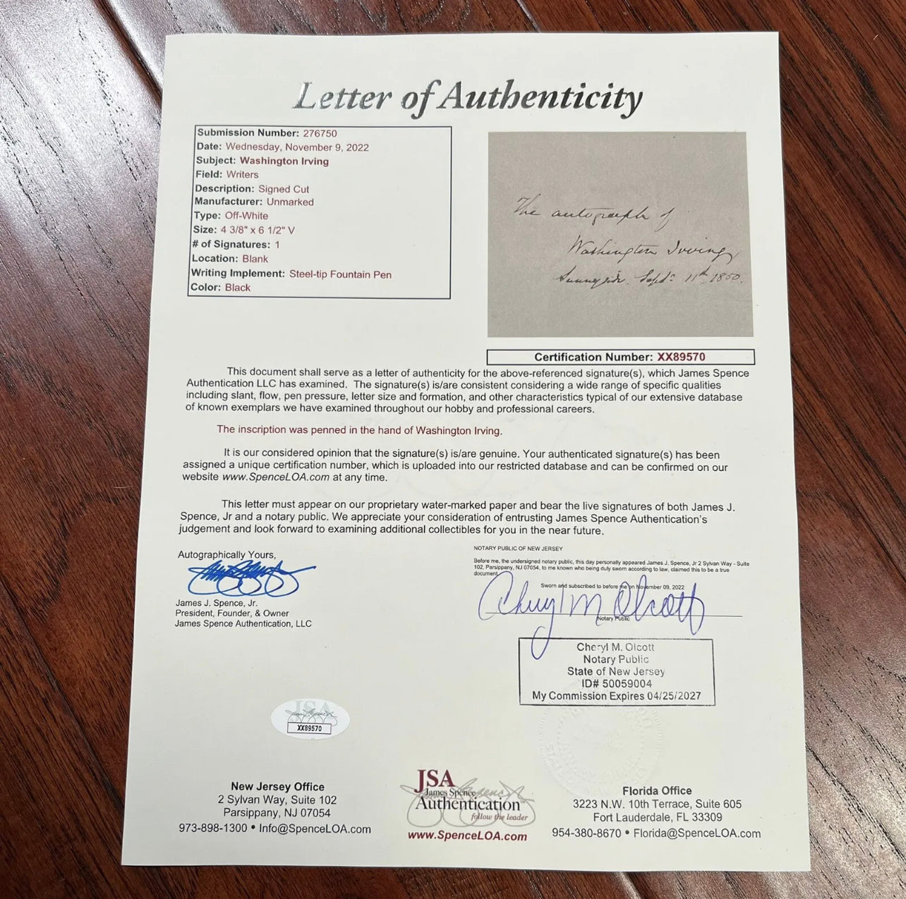 WASHINGTON IRVING * JSA LOA * Signed Autograph Page Inscribed from Sleepy Hallow