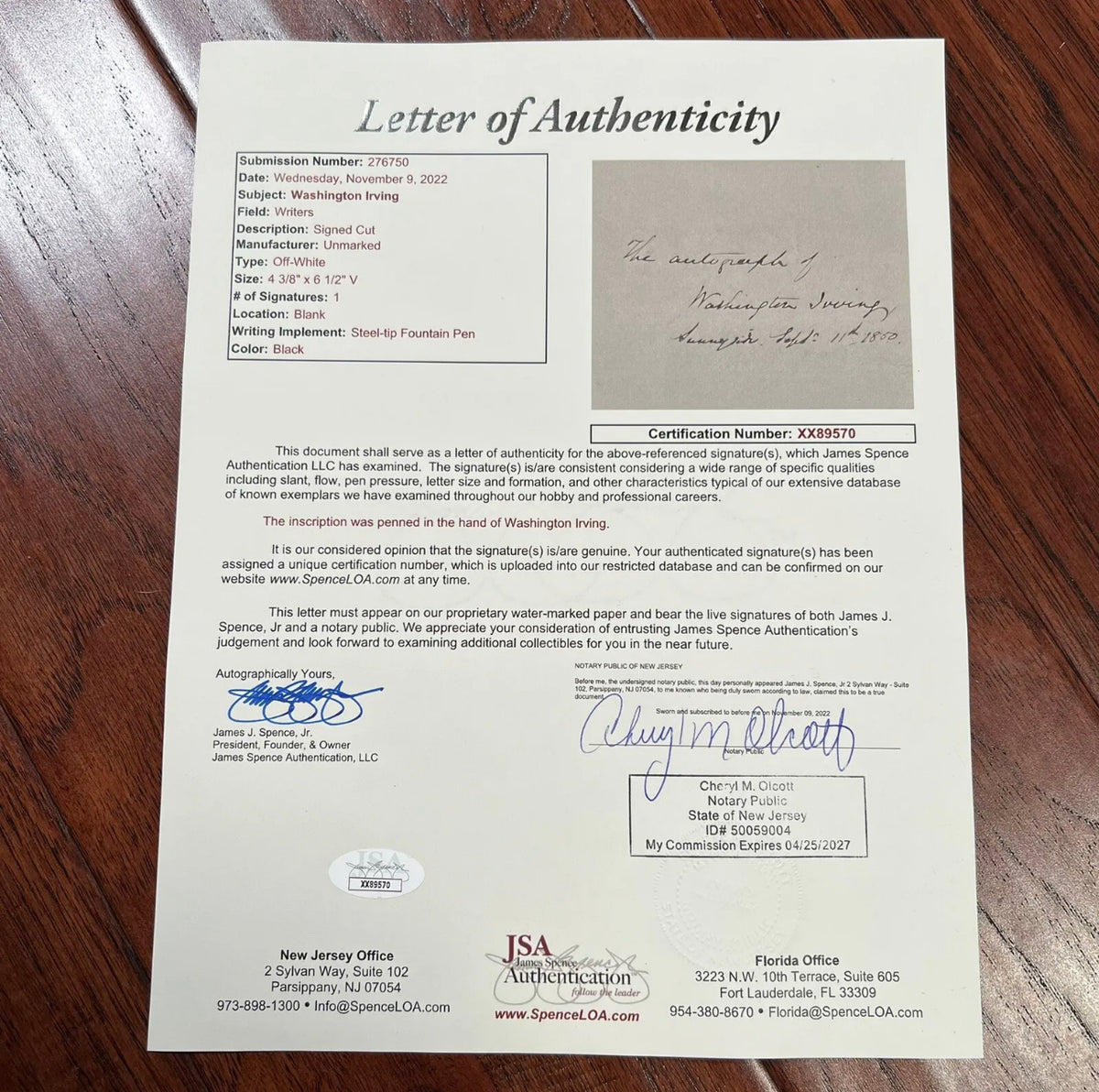 WASHINGTON IRVING * JSA LOA * Signed Autograph Page Inscribed from Sleepy Hallow