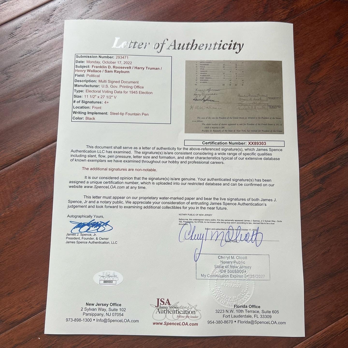 FRANKLIN D ROOSEVELT & HARRY TRUMAN * Signed Electoral Senate Vote Autograph JSA