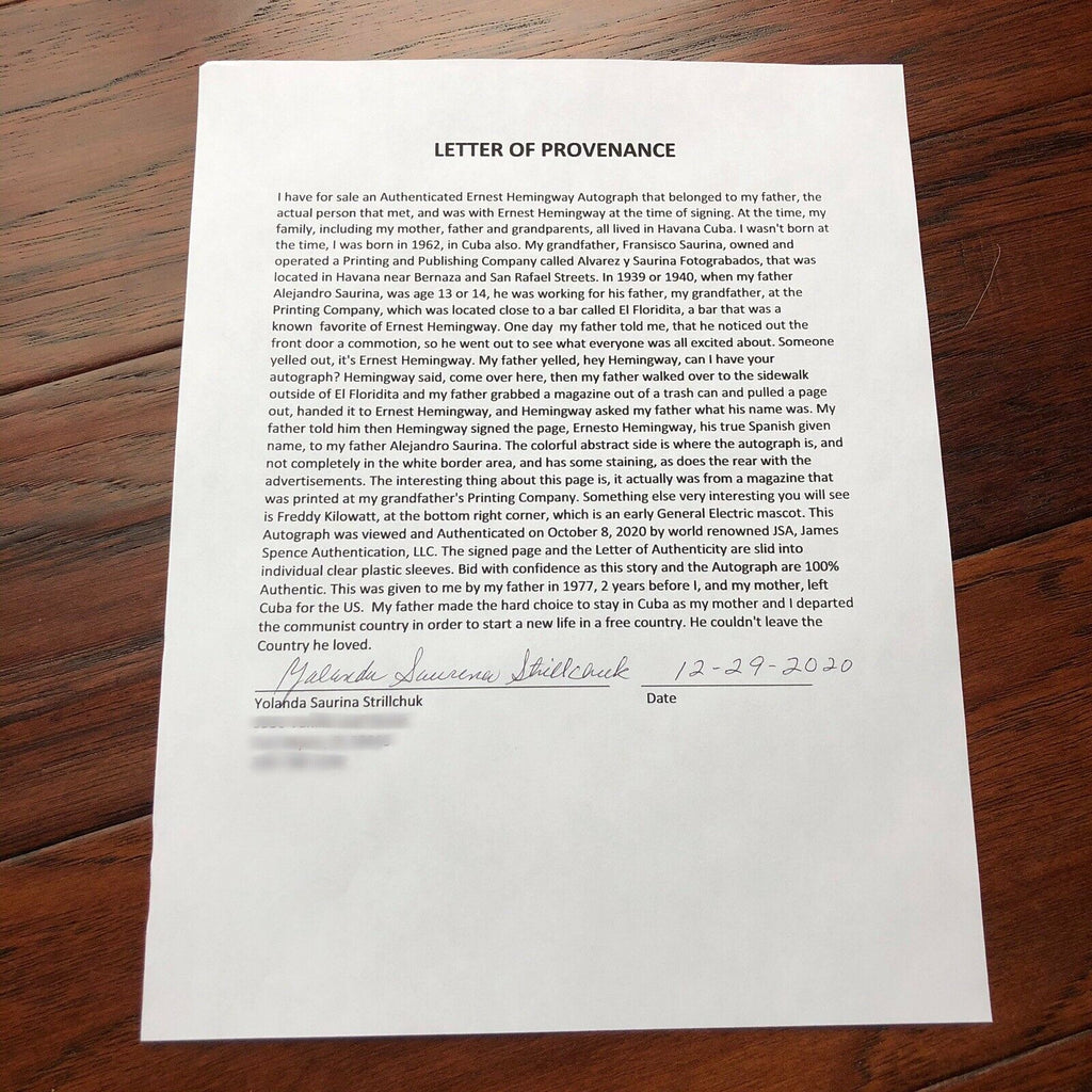 ERNEST HEMINGWAY * JSA LOA * Hand Signed Magazine Page Autograph * Provenance