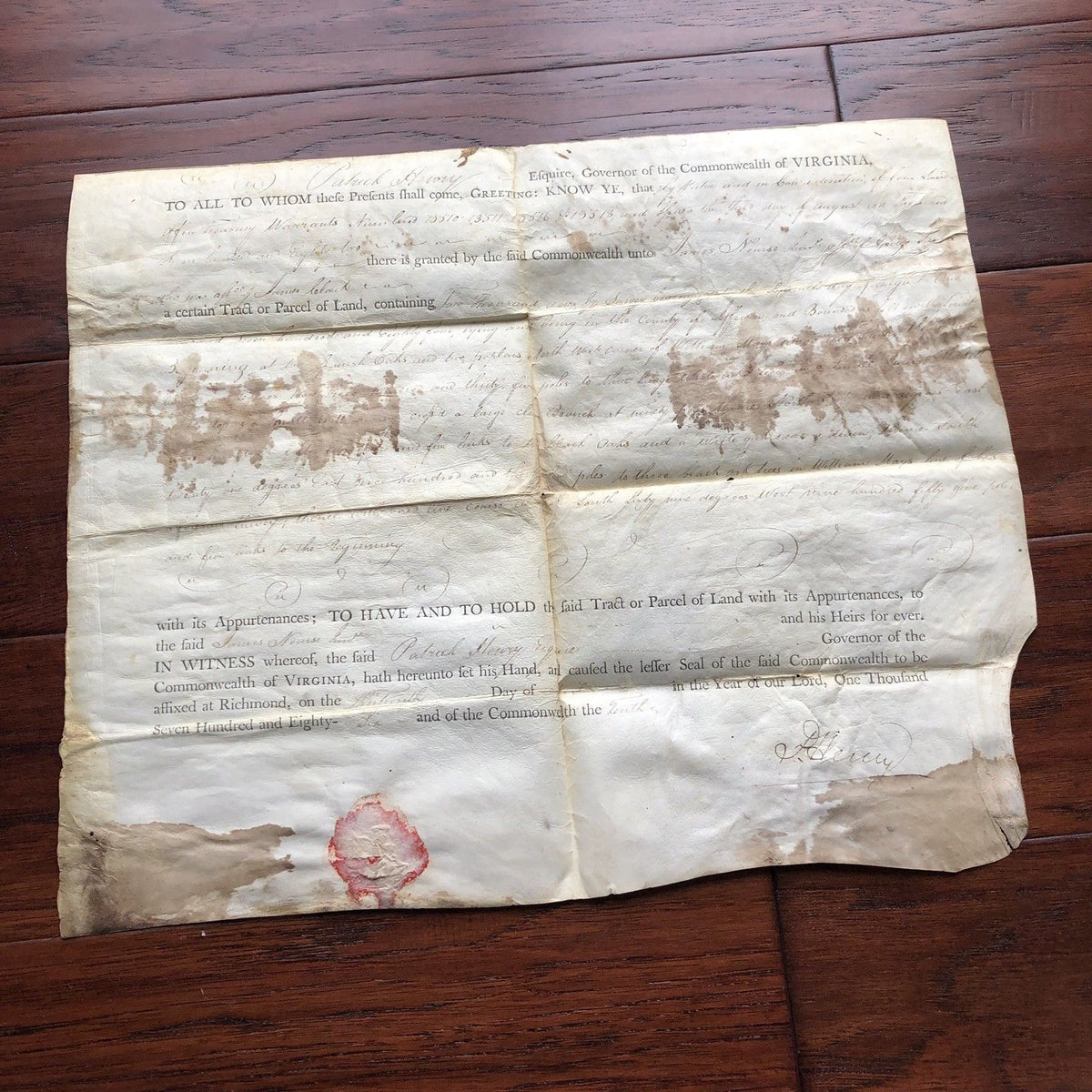 PATRICK HENRY * Signed Land Grant to Friend of GEORGE WASHINGTON * Autograph