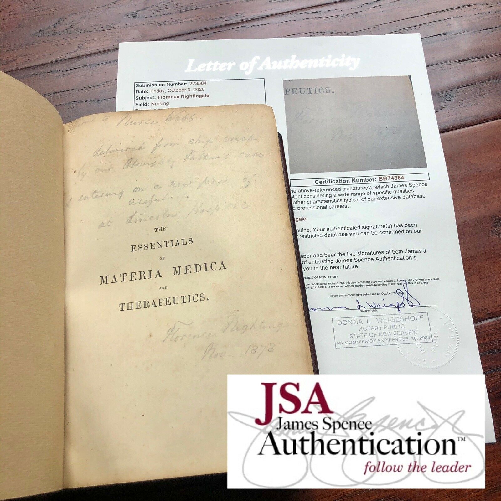FLORENCE NIGHTINGALE * JSA * Autograph Medical Book Signed to Shipwreck Nurse *