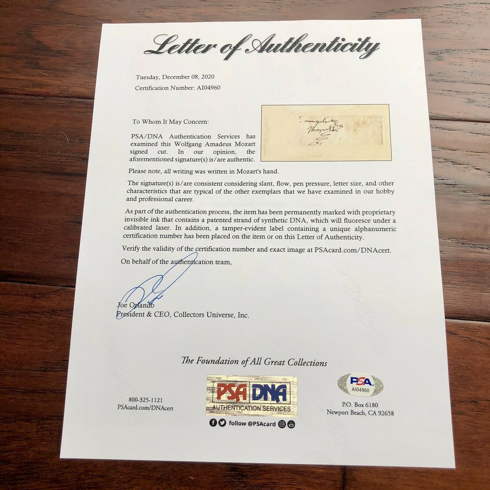 WOLFGANG AMADEUS MOZART * PSA/DNA * Autograph Cut Signature Signed * Requiem