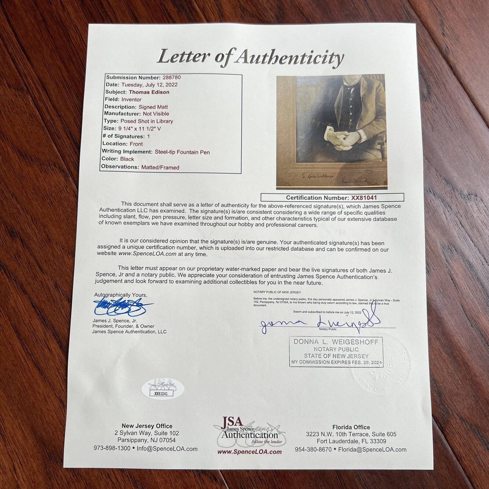 THOMAS EDISON * JSA LOA * Autograph Photo Signed on the Mat