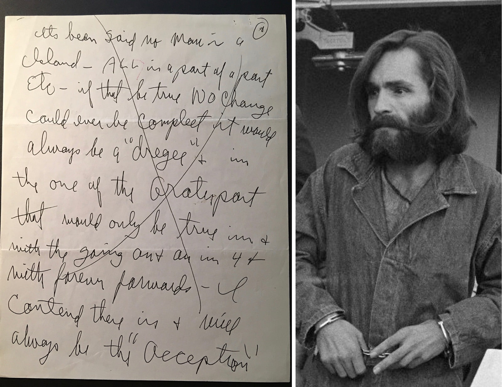 CHARLES MANSON  Rare, Unsigned Draft: "...No Man is an Island...