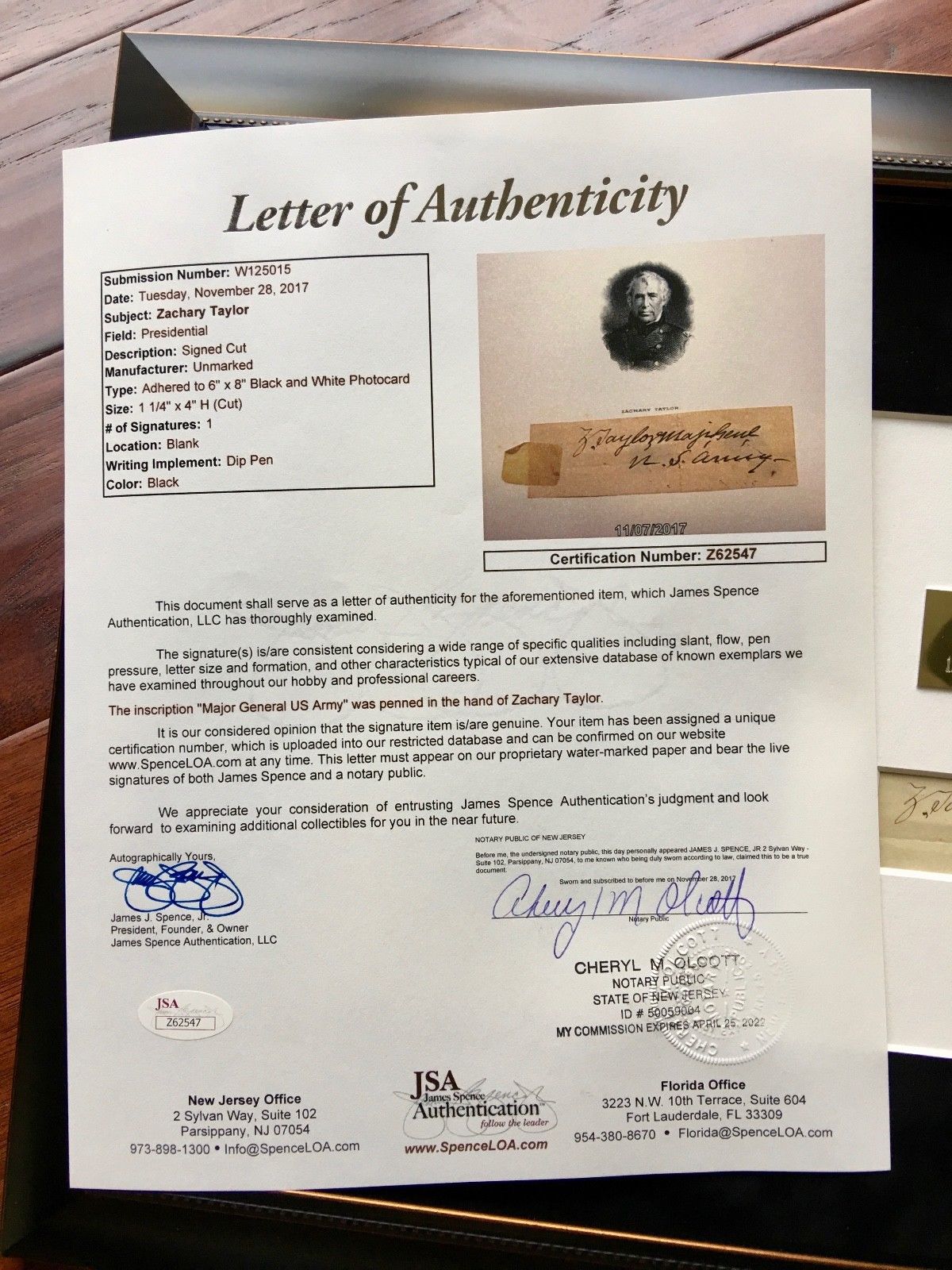 ZACHARY TAYLOR * JSA COA * AUTOGRAPH Cut Signed * Major Genl US ARMY