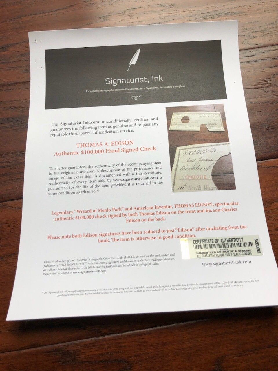 THOMAS A. EDISON * PSA/DNA * $100,000 Hand SIGNED Check * AUTOGRAPH