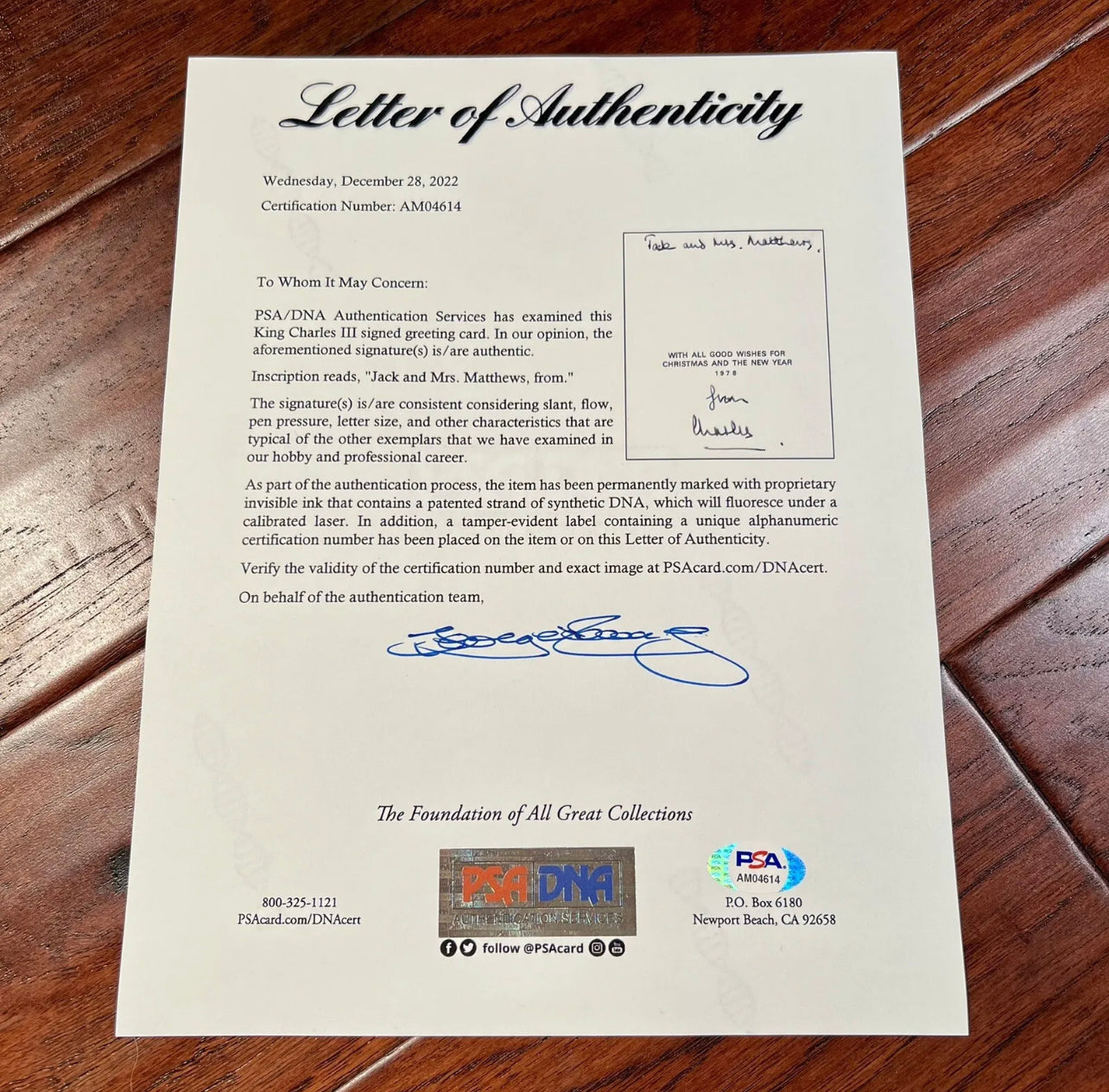 KING CHARLES III * PSA/DNA * Signed 1978 Christmas Card Autograph * Prince