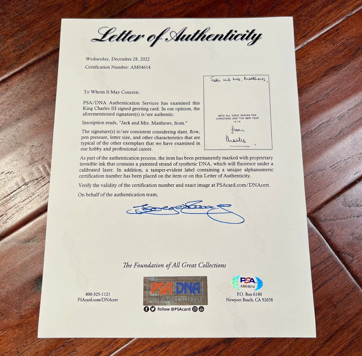 KING CHARLES III * PSA/DNA * Signed 1978 Christmas Card Autograph * Prince