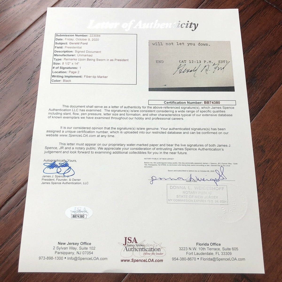 GERALD FORD * JSA LOA * Inauguration Speech Autograph Typescript Signed