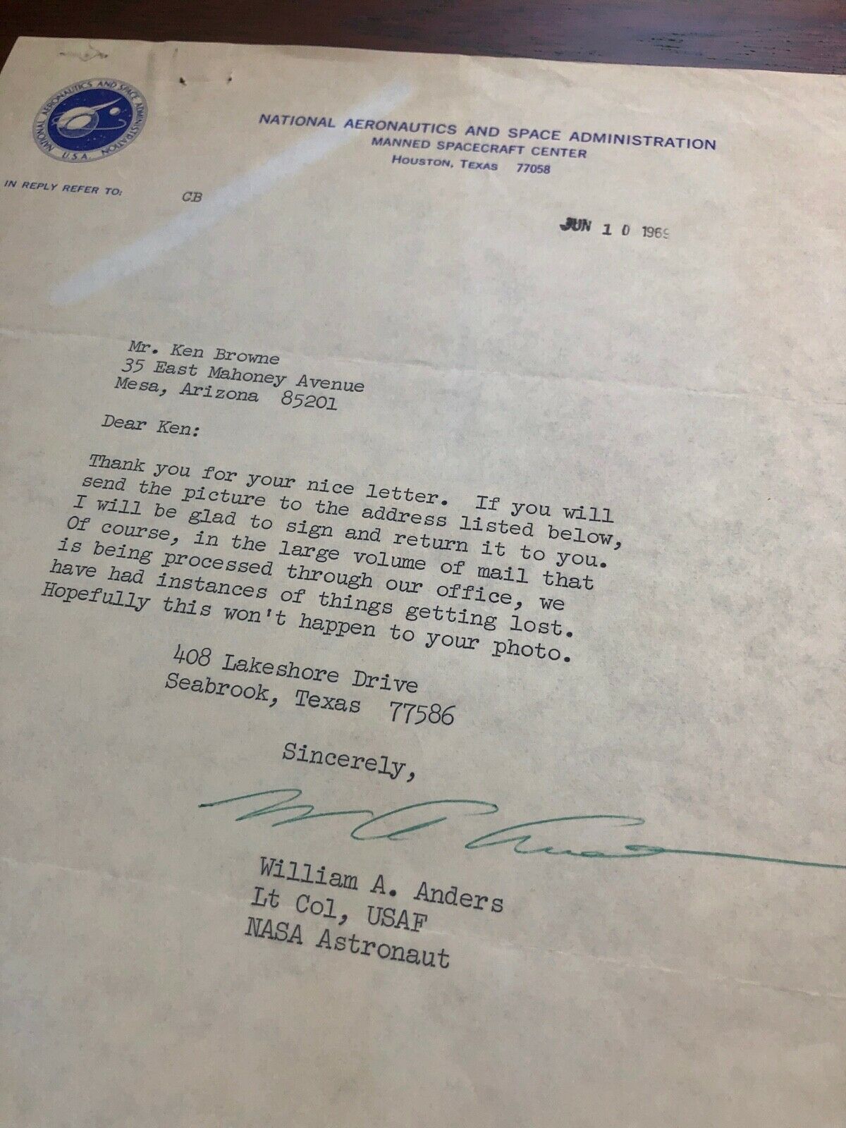 BILL ANDERS * Beckett BAS * Hand Signed Autograph NASA LETTER Apollo 8 William *