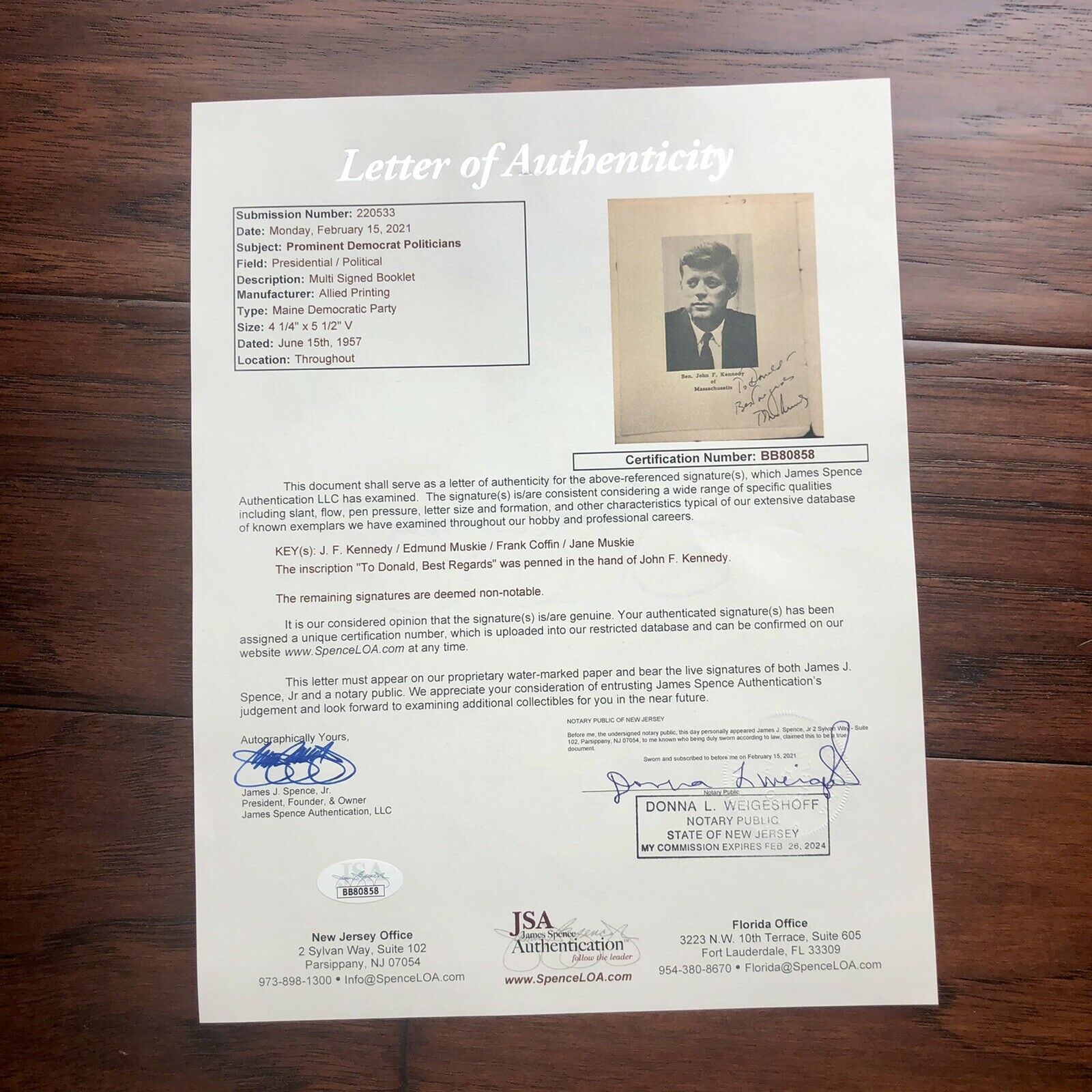 JOHN F. KENNEDY * JSA LOA * Autograph Photo Signed As Senator In Dinner Program