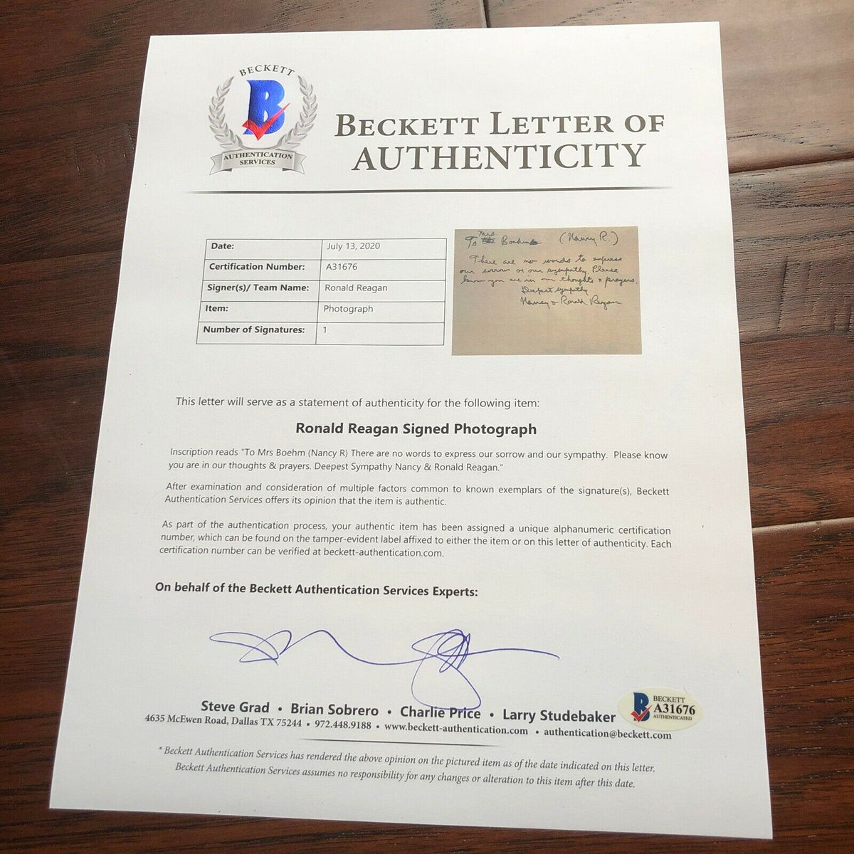 RONALD REAGAN * BAS * Handwritten AUTOGRAPH Condolence Letter SIGNED