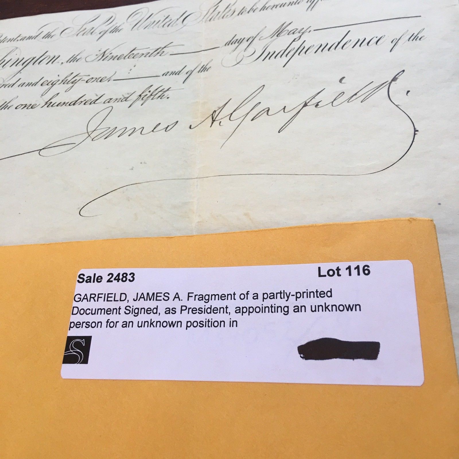 JAMES A. GARFIELD * Scarce AUTOGRAPH AS PRESIDENT * Partial SIGNED Appointment