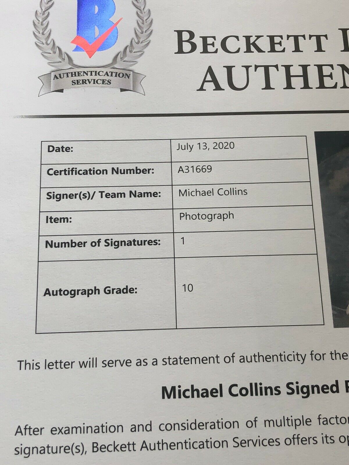 MICHAEL COLLINS * Beckett BAS 10 * Signed Space Suit Photo Autograph * Apollo 11