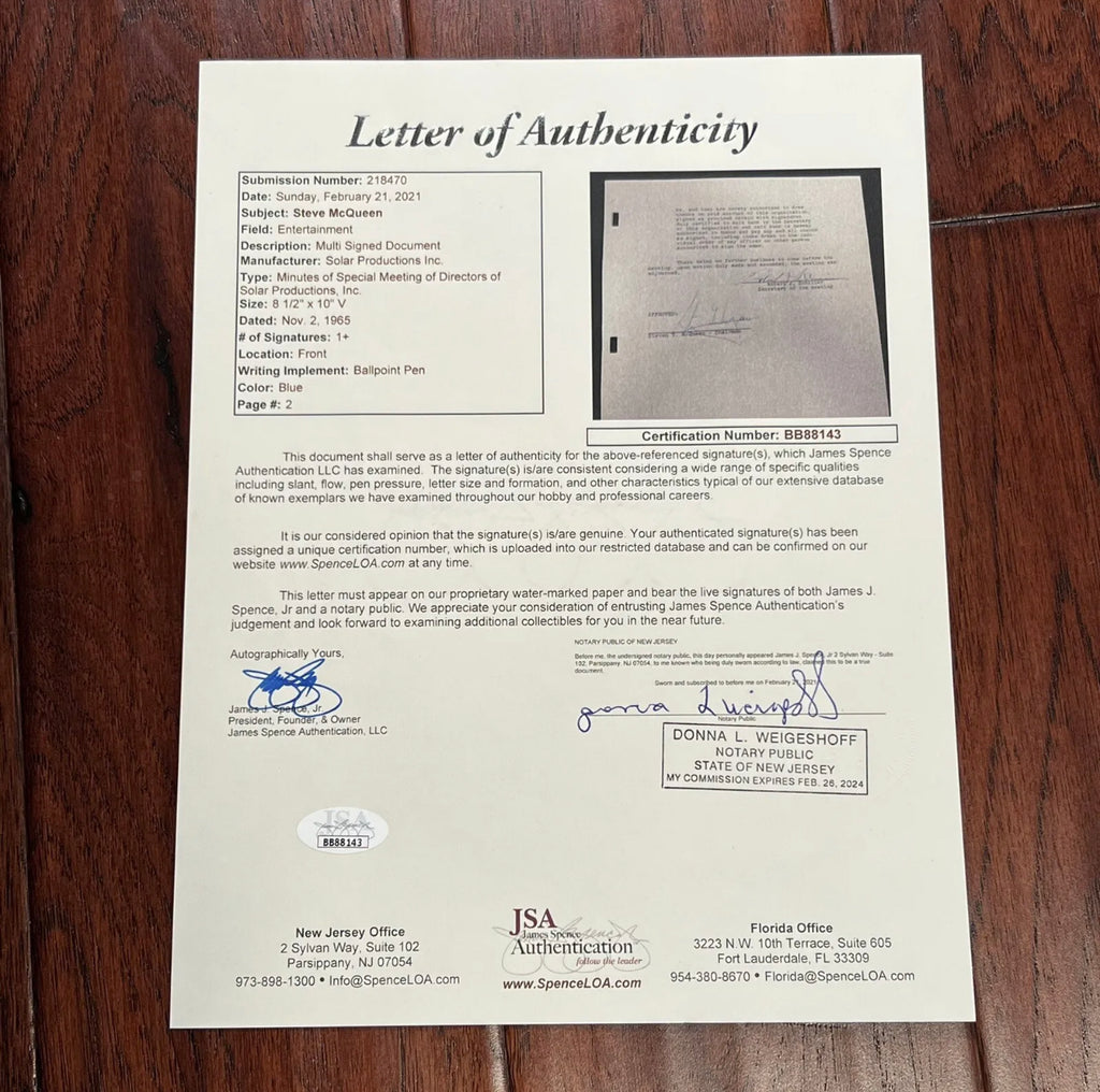 STEVE MCQUEEN * JSA LOA * Signed Movie Production Contract Autograph *