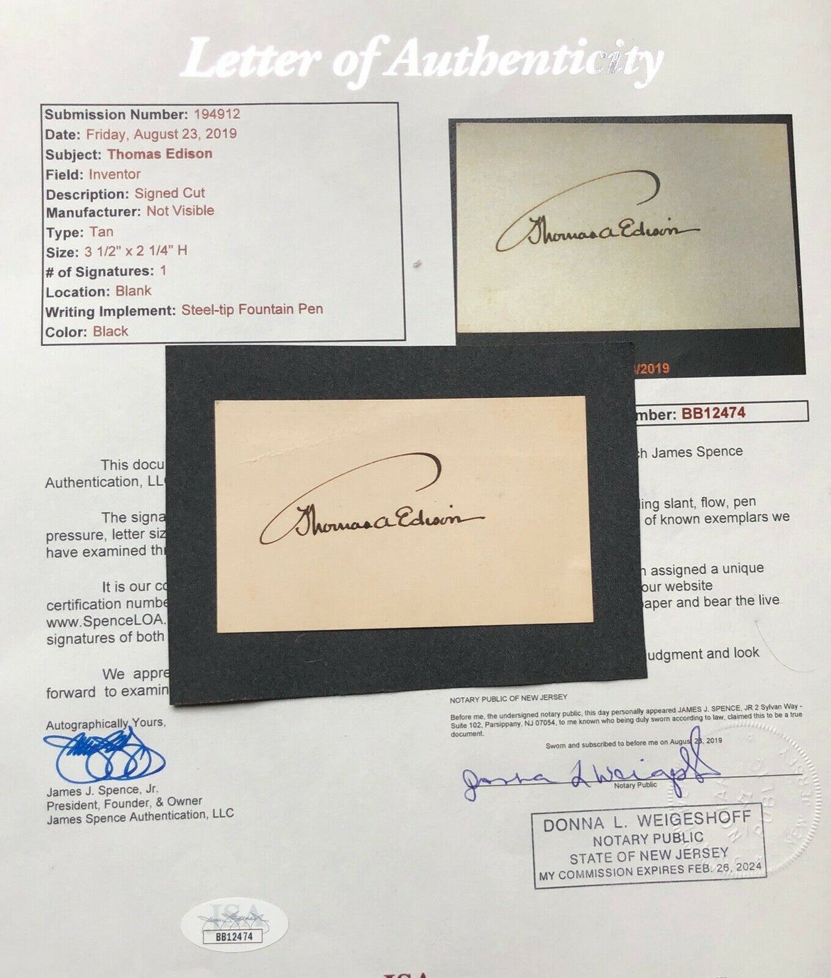 THOMAS EDISON * JSA * Authentic Handwritten AUTOGRAPH SIGNED * Full Signature