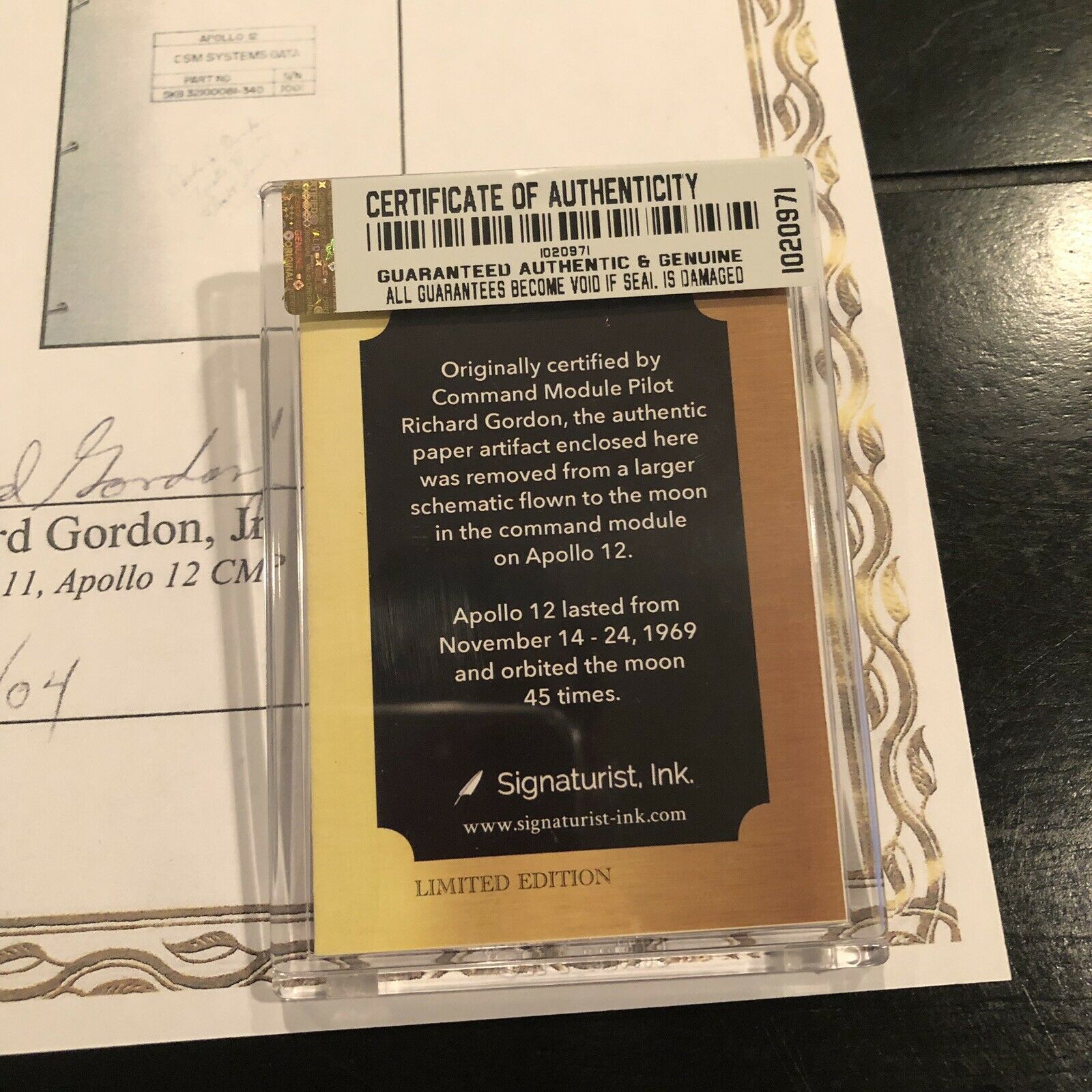 PROOF! * APOLLO 12 SPACE FLOWN SCHEMATIC SECTION * RICHARD GORDON SIGNED COA