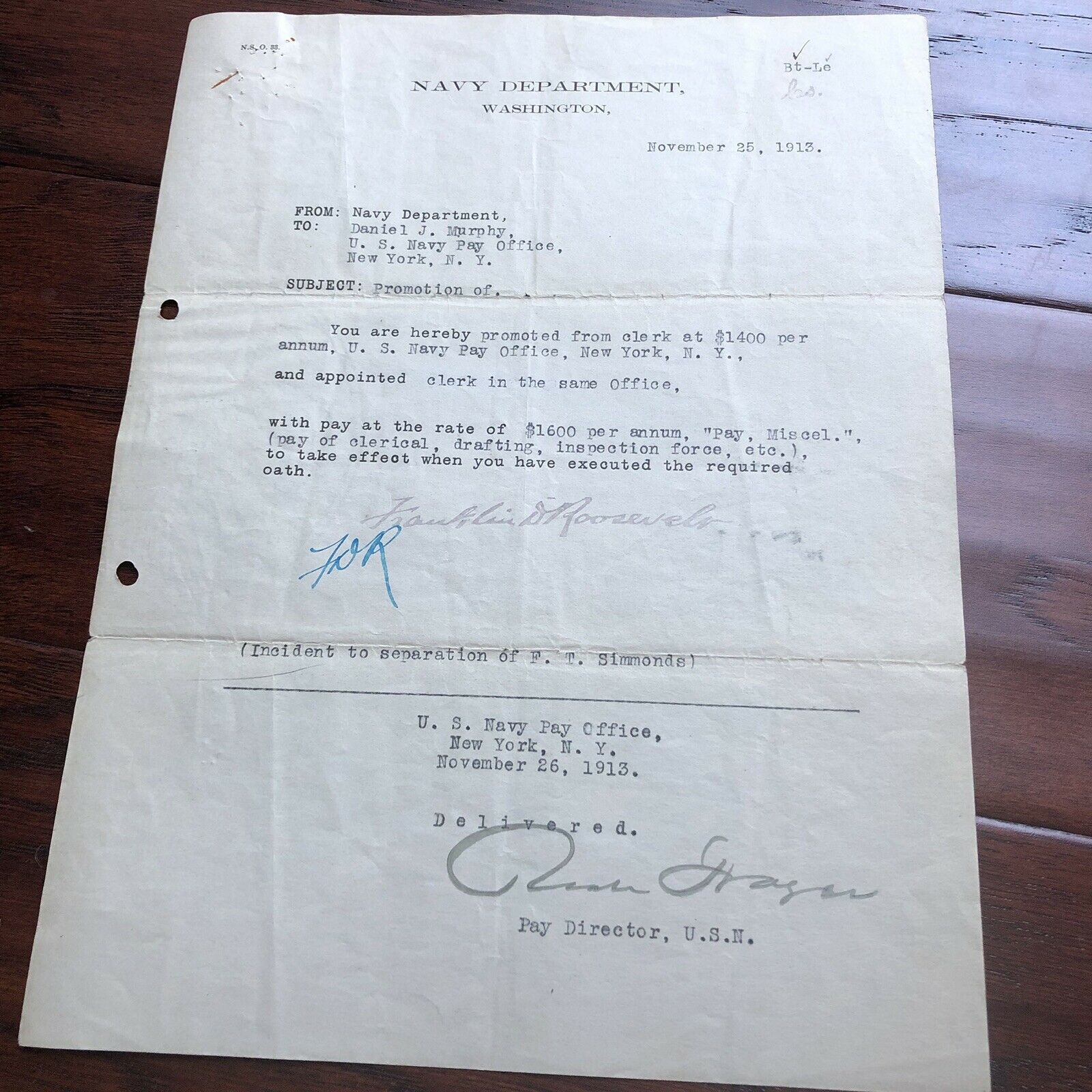 FRANKLIN D. ROOSEVELT * JSA LOA * Hand Signed 1913 Navy Document Autograph * FDR