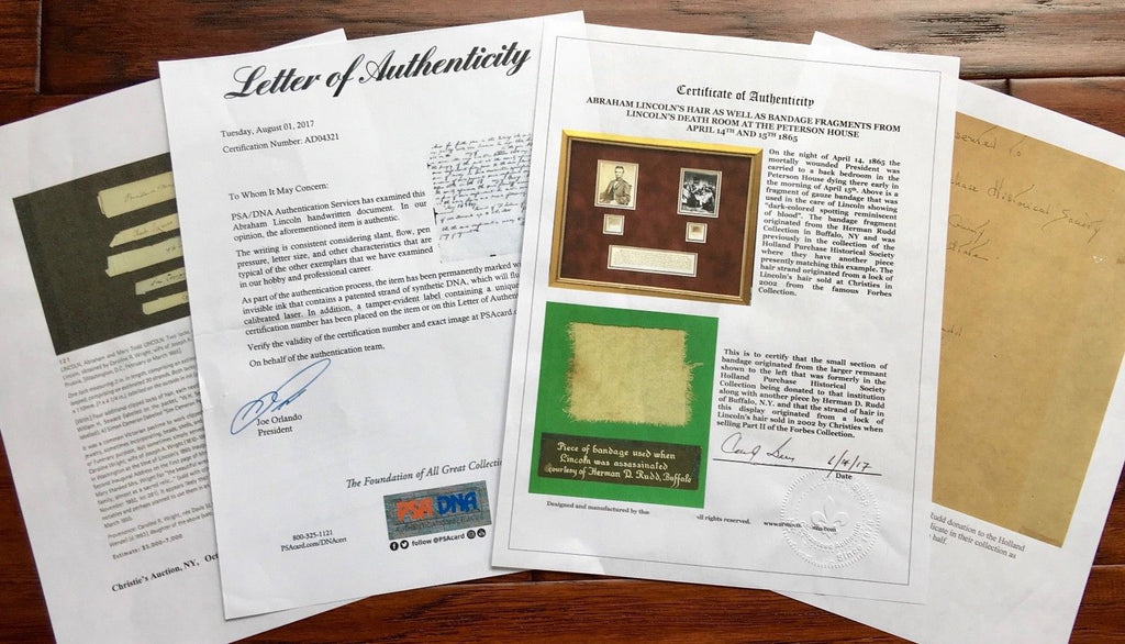 ABRAHAM LINCOLN * Genuine DEATHBED BANDAGE Relic + HAIR + PSA Cut Words * COAs