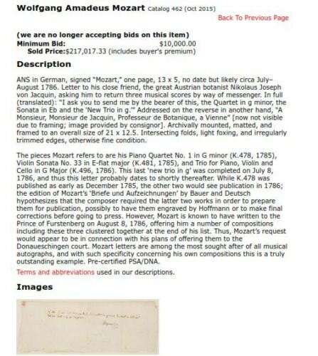 WOLFGANG AMADEUS MOZART * PSA/DNA * Autograph Cut Signature Signed * Requiem