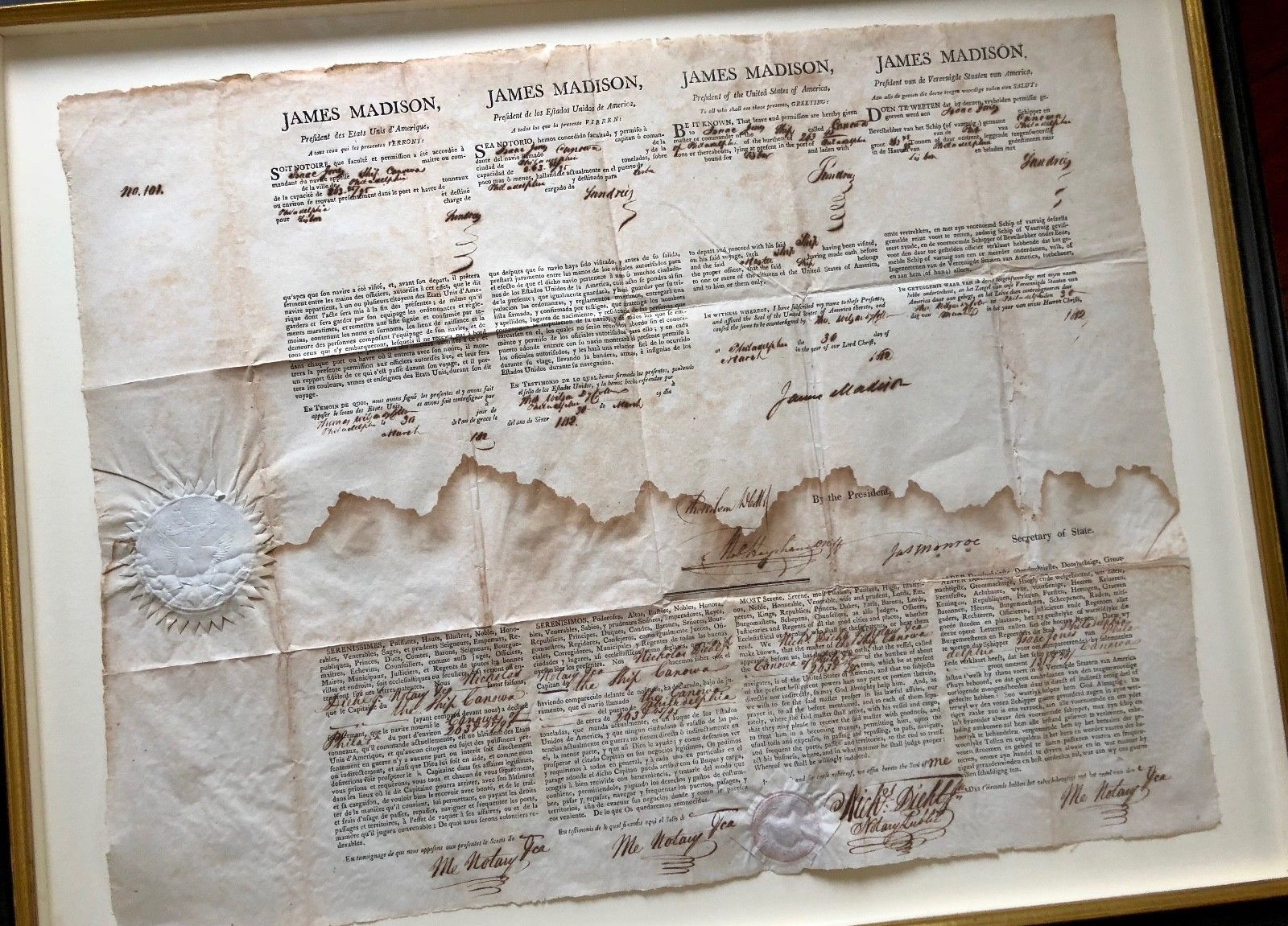 JAMES MADISON * JAMES MONROE Dual AUTOGRAPH Ship's Papers SIGNED * 1812