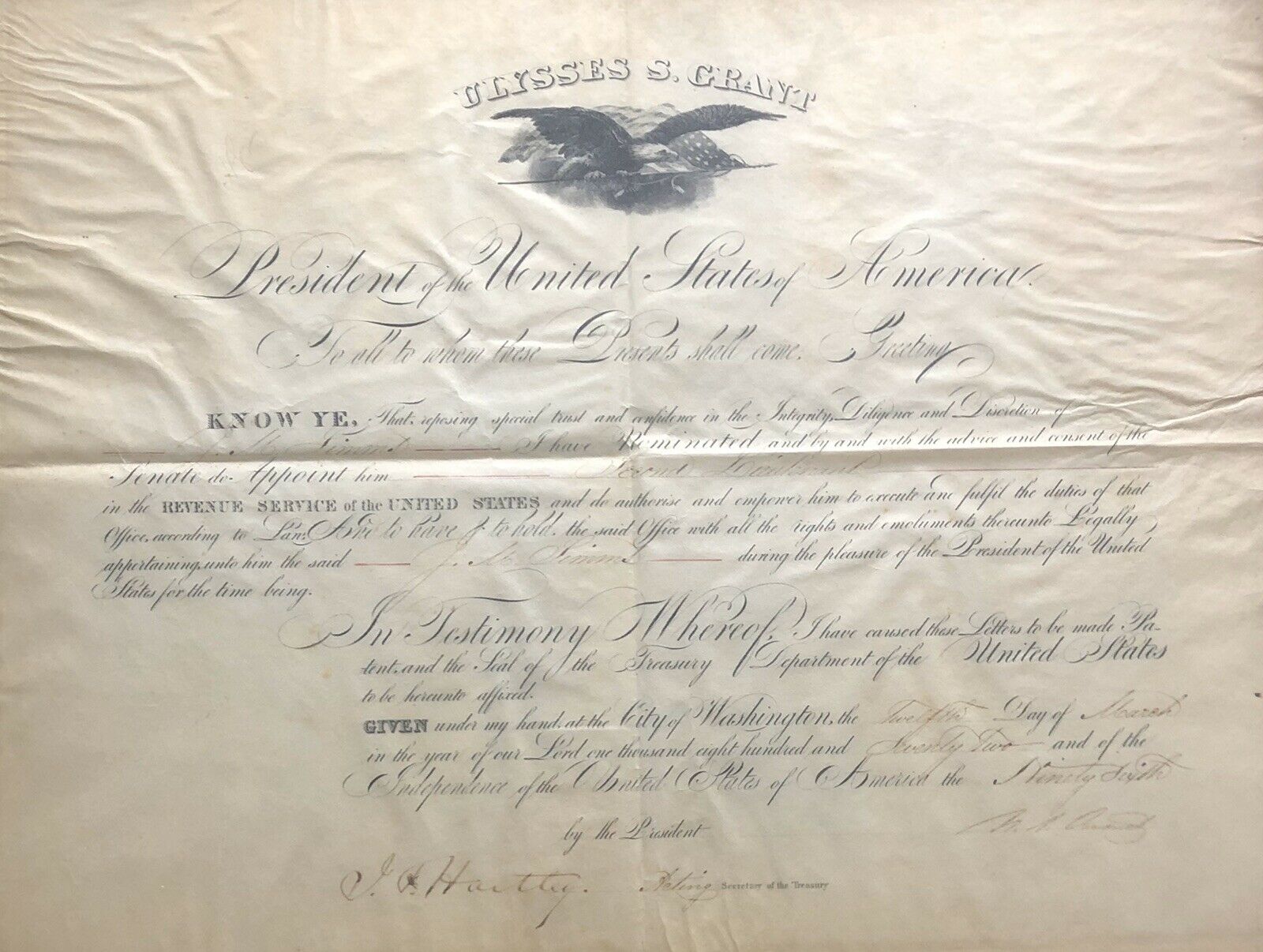 ULYSSES S. GRANT * BAS * 1872 Autograph Appointment Signed * AS PRESIDENT