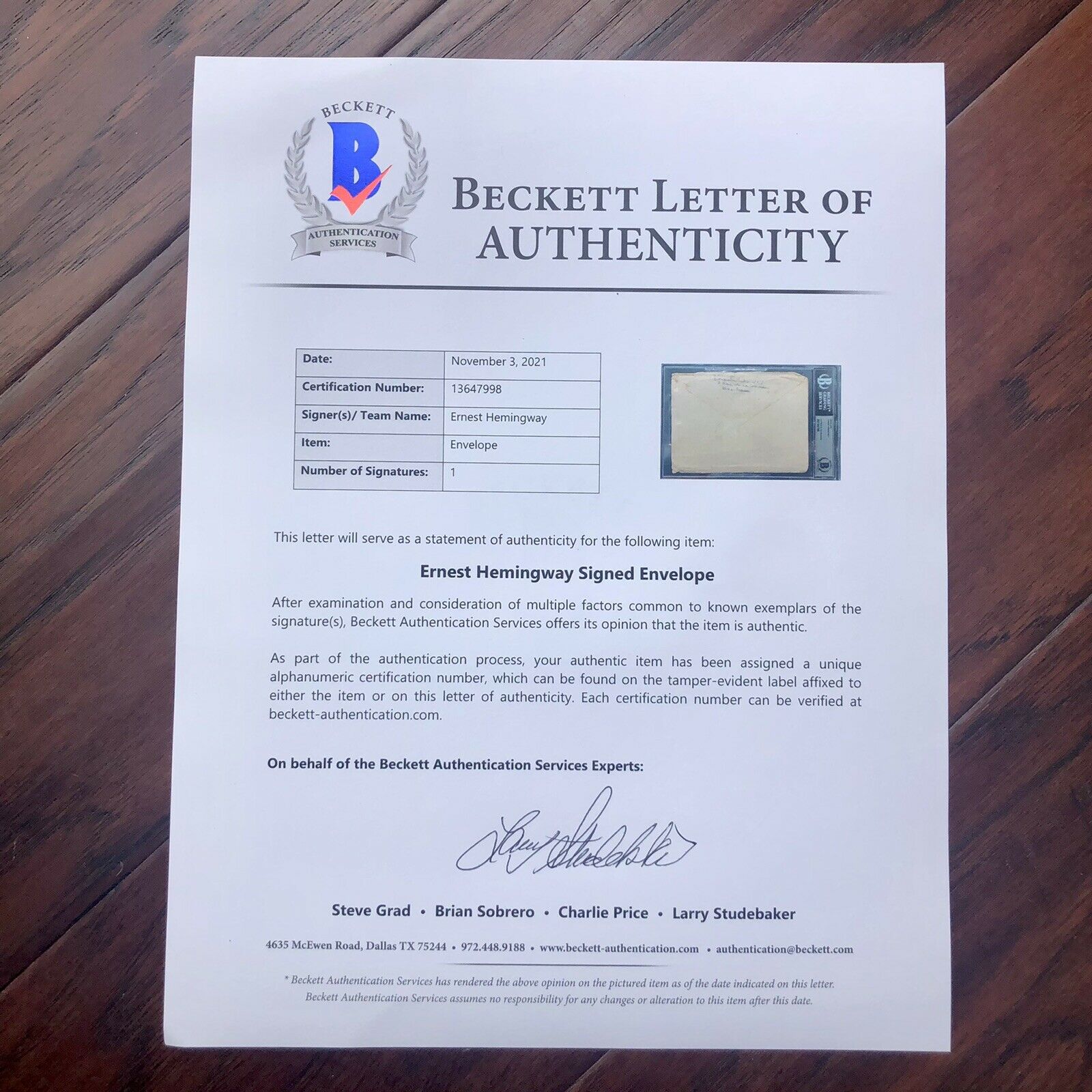 ERNEST HEMINGWAY * Beckett BAS * Autograph Envelope Signed & Personal Papers