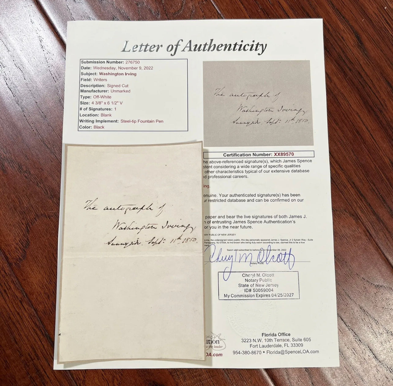 WASHINGTON IRVING * JSA LOA * Signed Autograph Page Inscribed from Sleepy Hallow