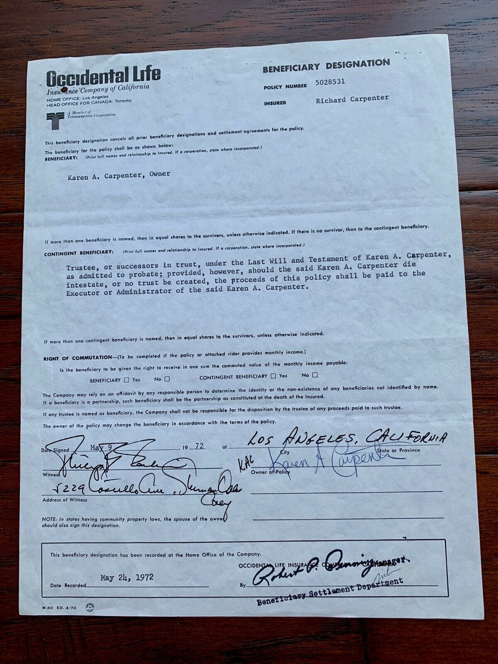 THE CARPENTERS * JSA * Karen's LIFE INSURANCE Beneficiary Form Autograph SIGNED