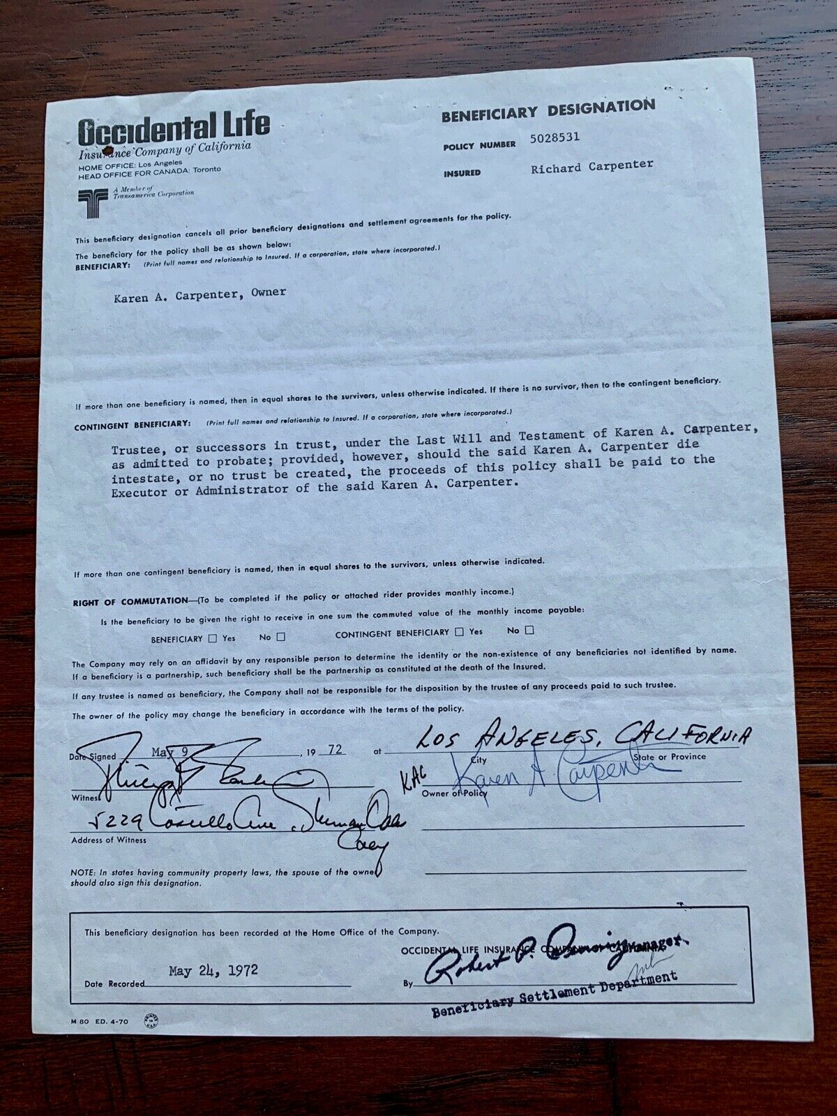 THE CARPENTERS * JSA * Karen's LIFE INSURANCE Beneficiary Form Autograph SIGNED