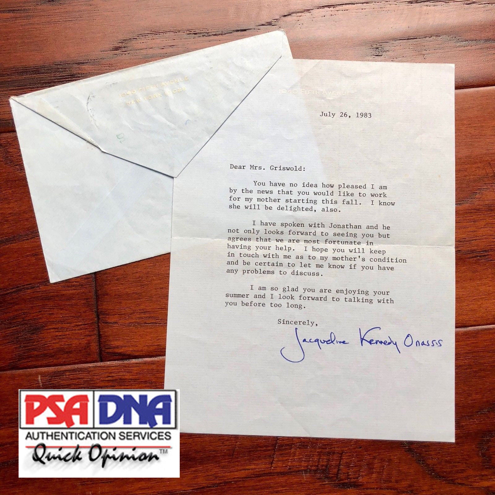 JACQUELINE KENNEDY * PSA/DNA * AUTOGRAPH Typed Letter SIGNED To Mom's Caretaker