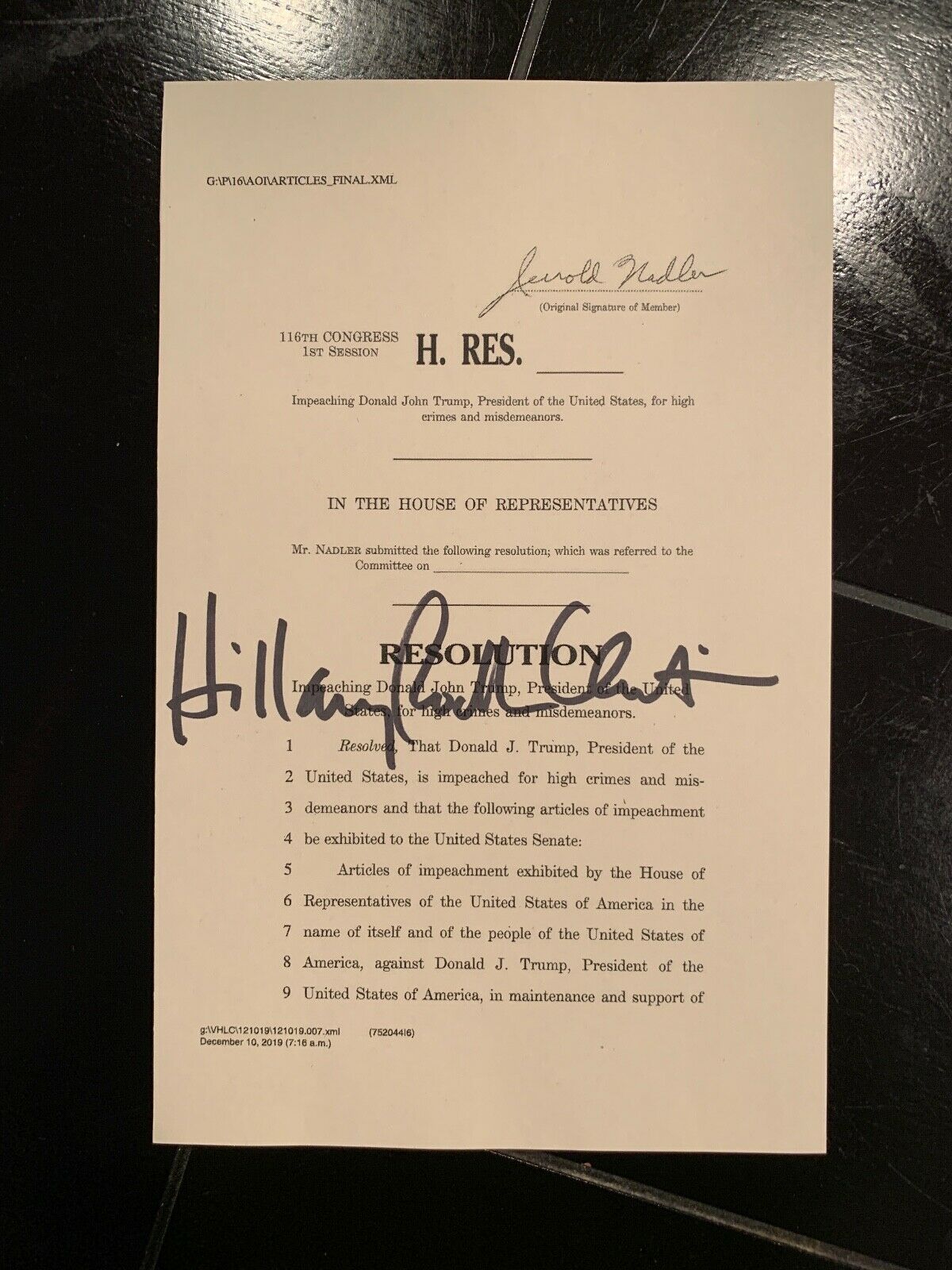 HILLARY CLINTON * JSA * Souvenir Trump ARTICLES OF IMPEACHMENT Signed Autograph