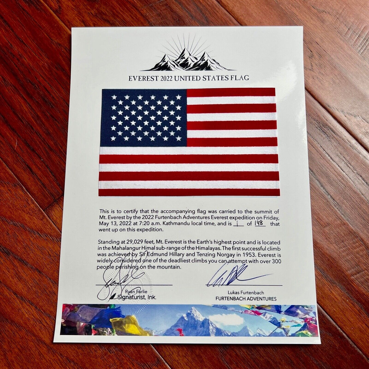 MOUNT EVEREST * Genuine Flags Carried to Summit at 29029 FT