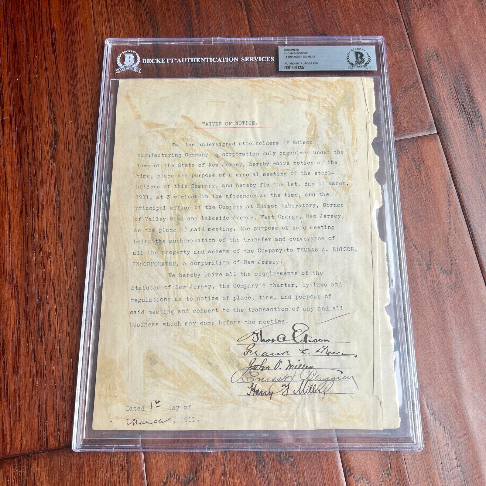 THOMAS EDISON * BECKETT BAS* AUTOGRAPH Company Transfer Corporate Minutes SIGNED