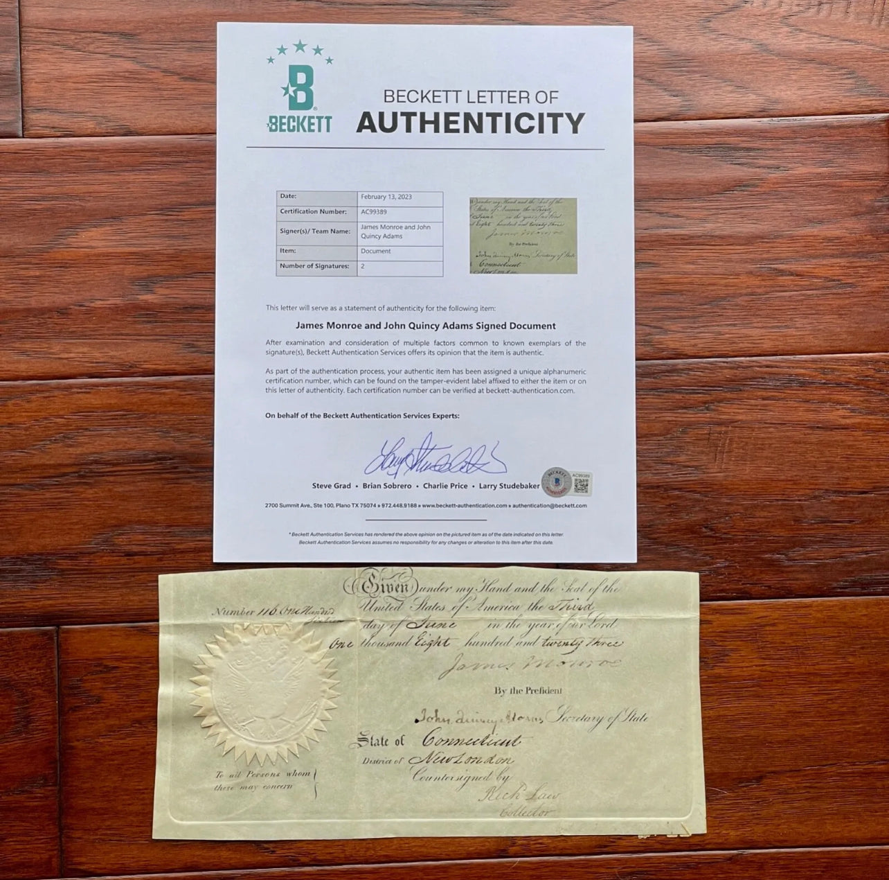 JAMES MONROE & JOHN QUINCY ADAMS * Beckett BAS * AUTOGRAPH Ships Passport SIGNED