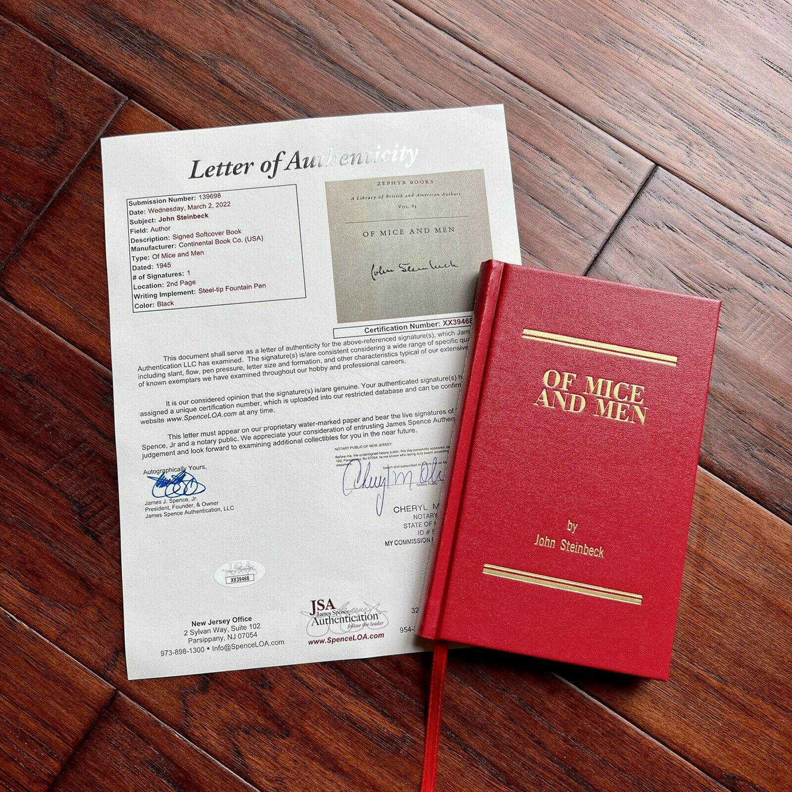 JOHN STEINBECK * JSA LOA * Hand-Signed Copy Of Mice And Men Autograph