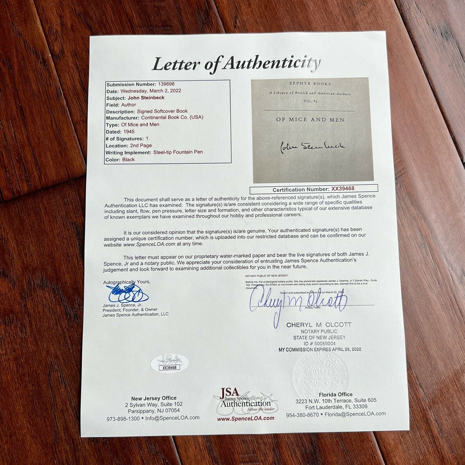 JOHN STEINBECK * JSA LOA * Hand-Signed Copy Of Mice And Men Autograph