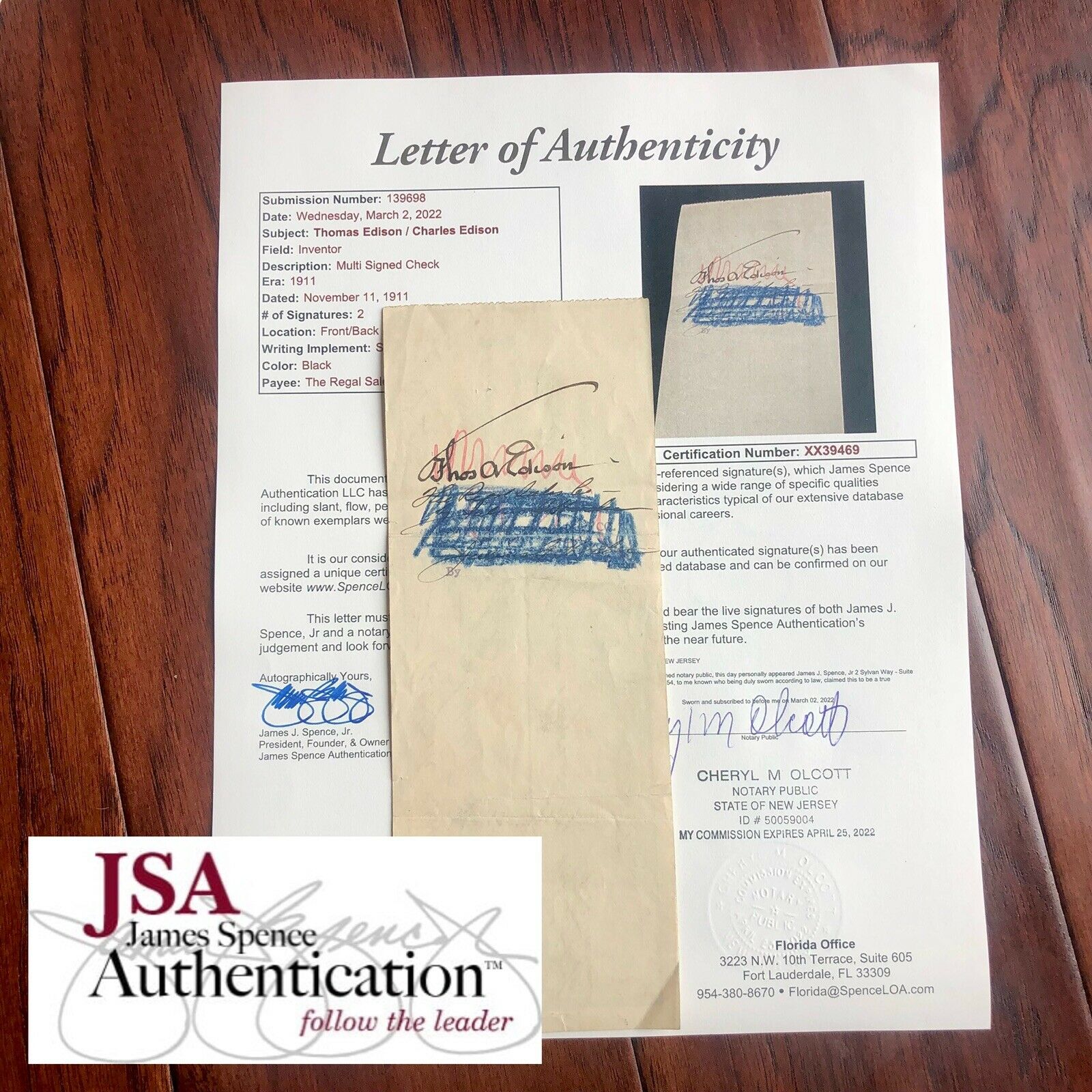 THOMAS EDISON * JSA LOA * Signed Promissory Check Autograph * Umbrella Signature