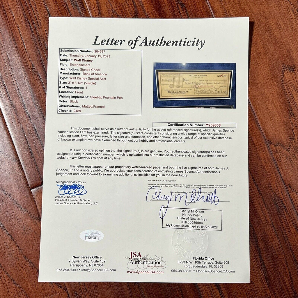 WALT DISNEY * JSA LOA * Autograph Check Signed Full Signature Display