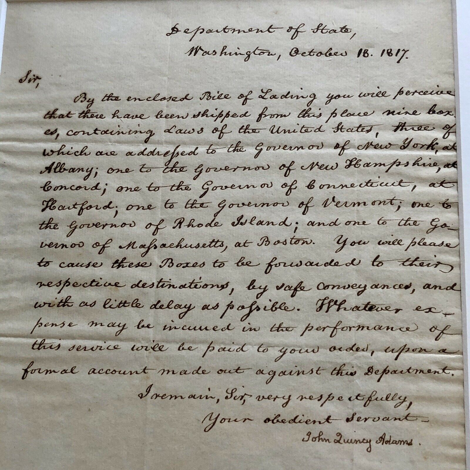JOHN QUINCY ADAMS * BECKETT BAS * Autograph "United States Laws" Letter Signed *