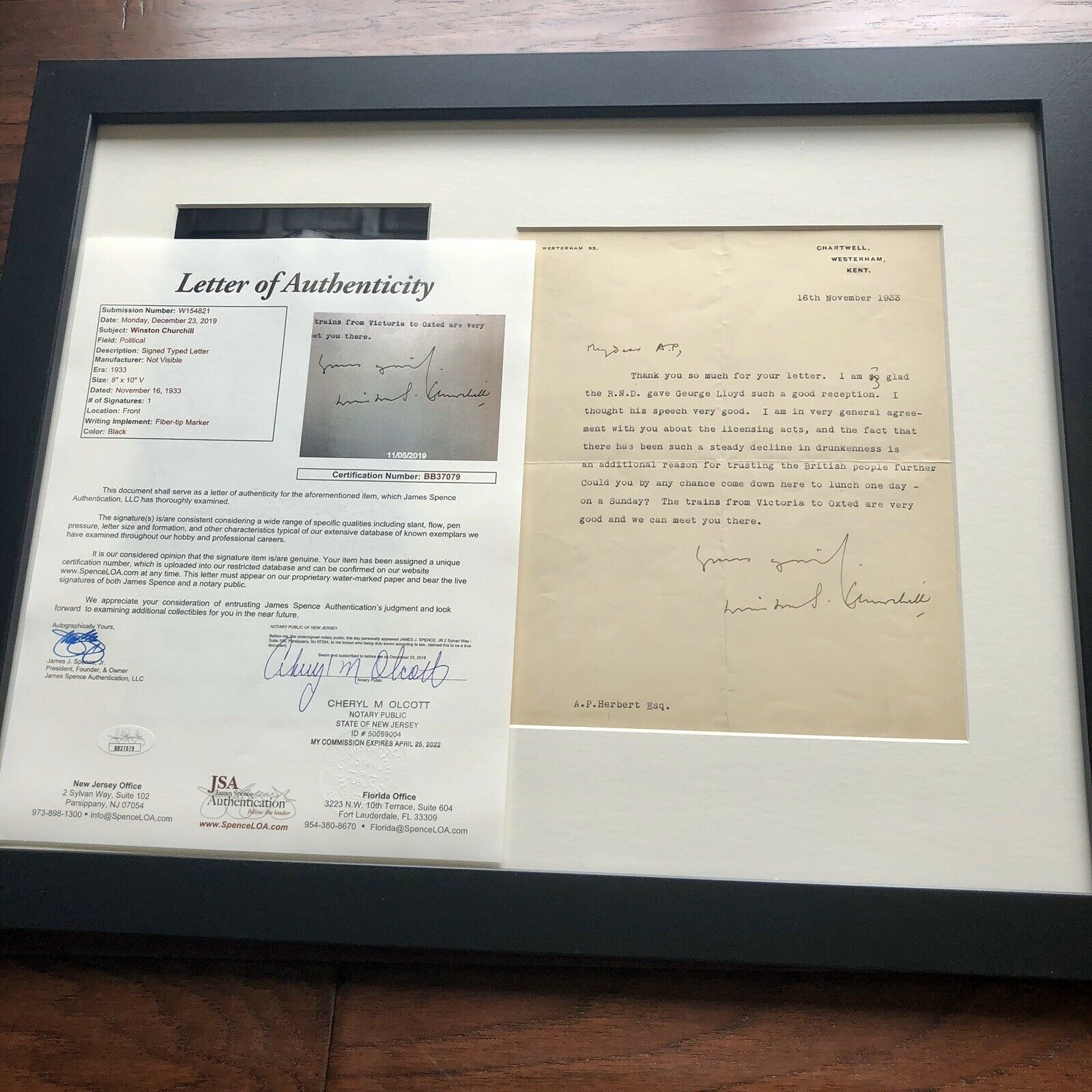 WINSTON S CHURCHILL * JSA LOA * Signed Letter RE "Drunkeness in UK" Autograph *
