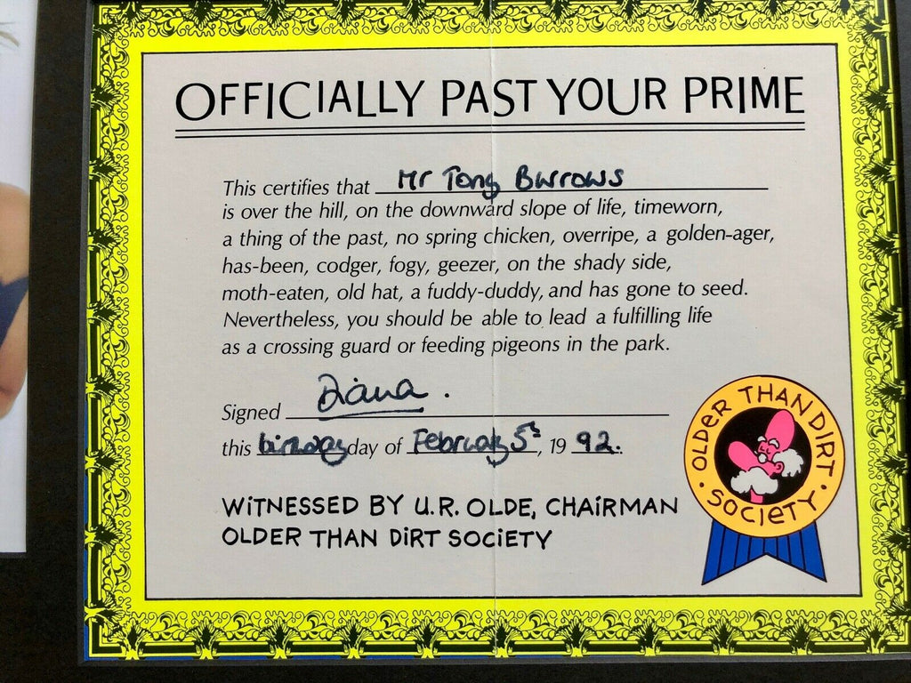 Princess DIANA * BAS * "Past Your Prime" AUTOGRAPH Birthday Certificate SIGNED