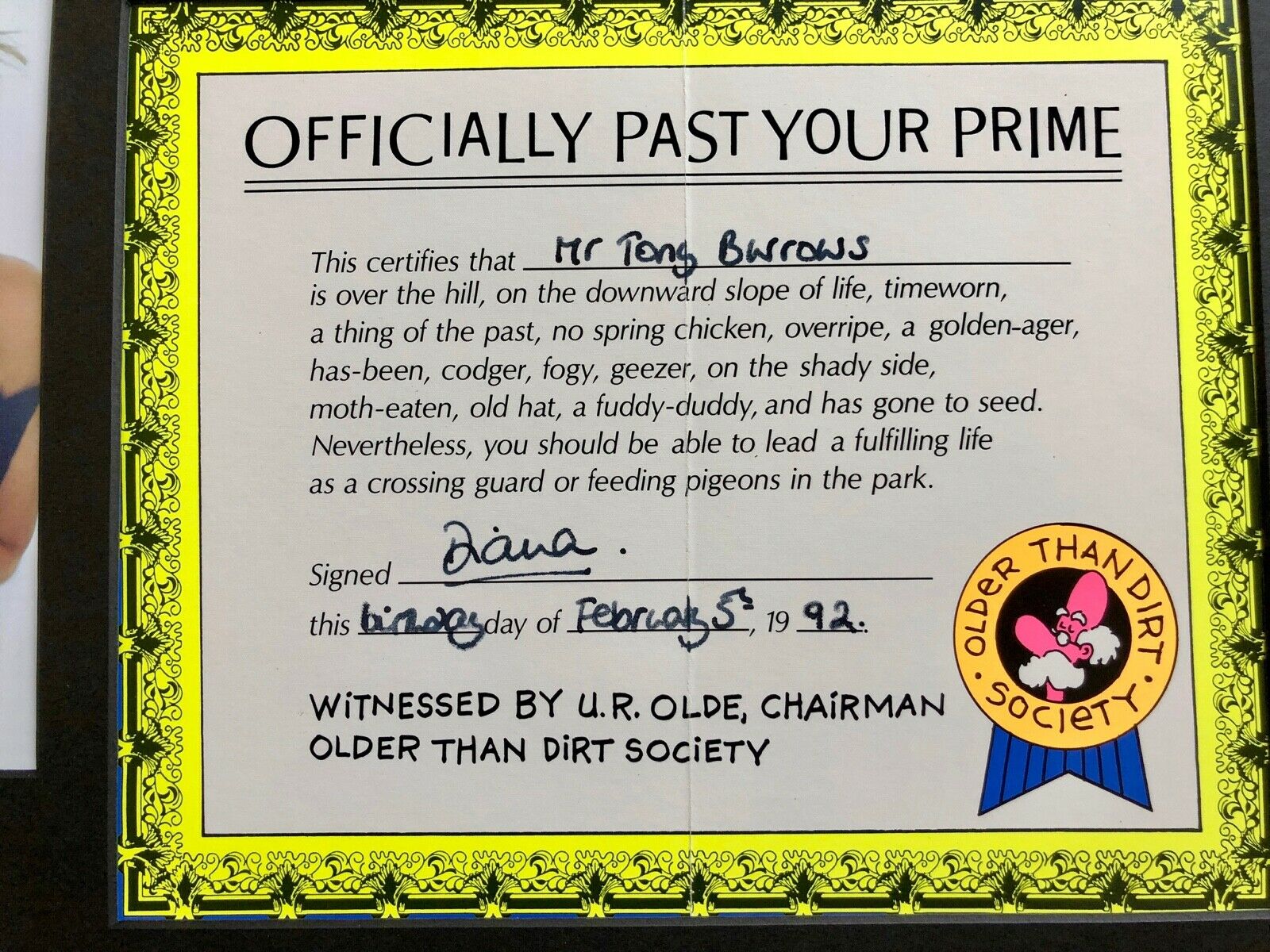 Princess DIANA * BAS * "Past Your Prime" AUTOGRAPH Birthday Certificate SIGNED