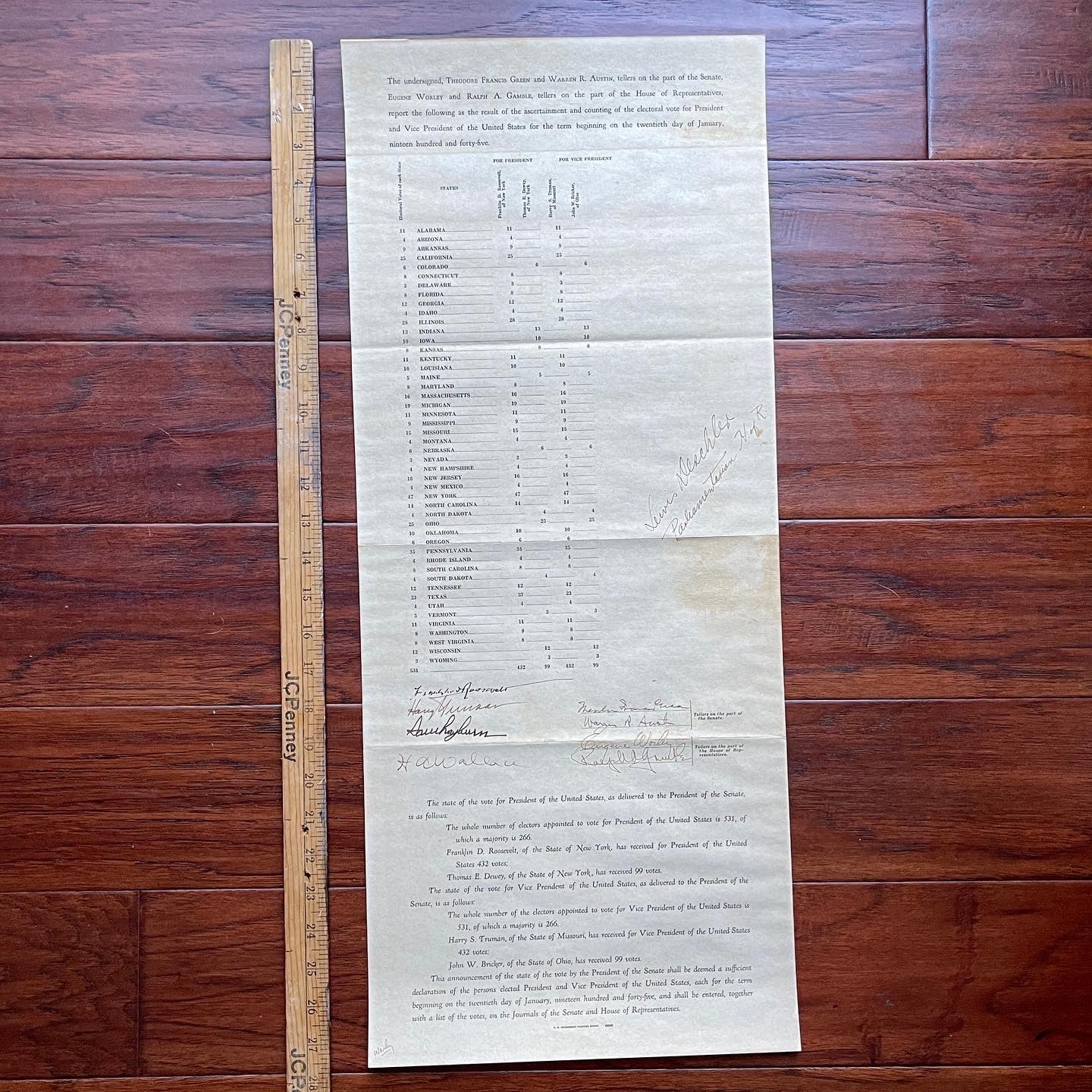 FRANKLIN D ROOSEVELT & HARRY TRUMAN * Signed Electoral Senate Vote Autograph JSA