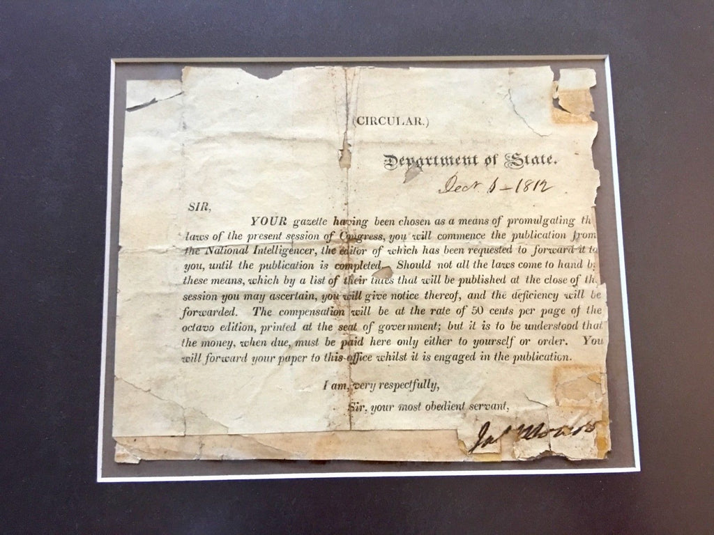 JAMES MONROE * Double (2x) AUTOGRAPH SIGNED as Secretary of State