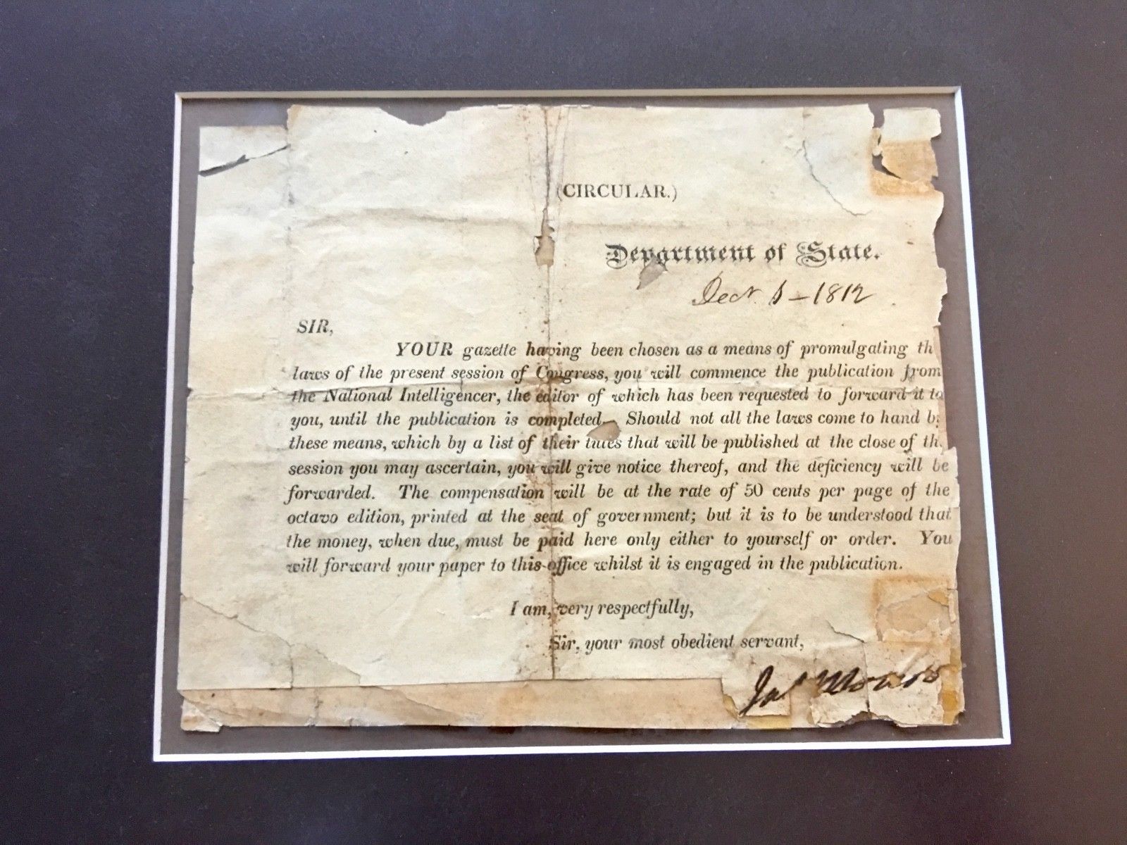 JAMES MONROE * Double (2x) AUTOGRAPH SIGNED as Secretary of State